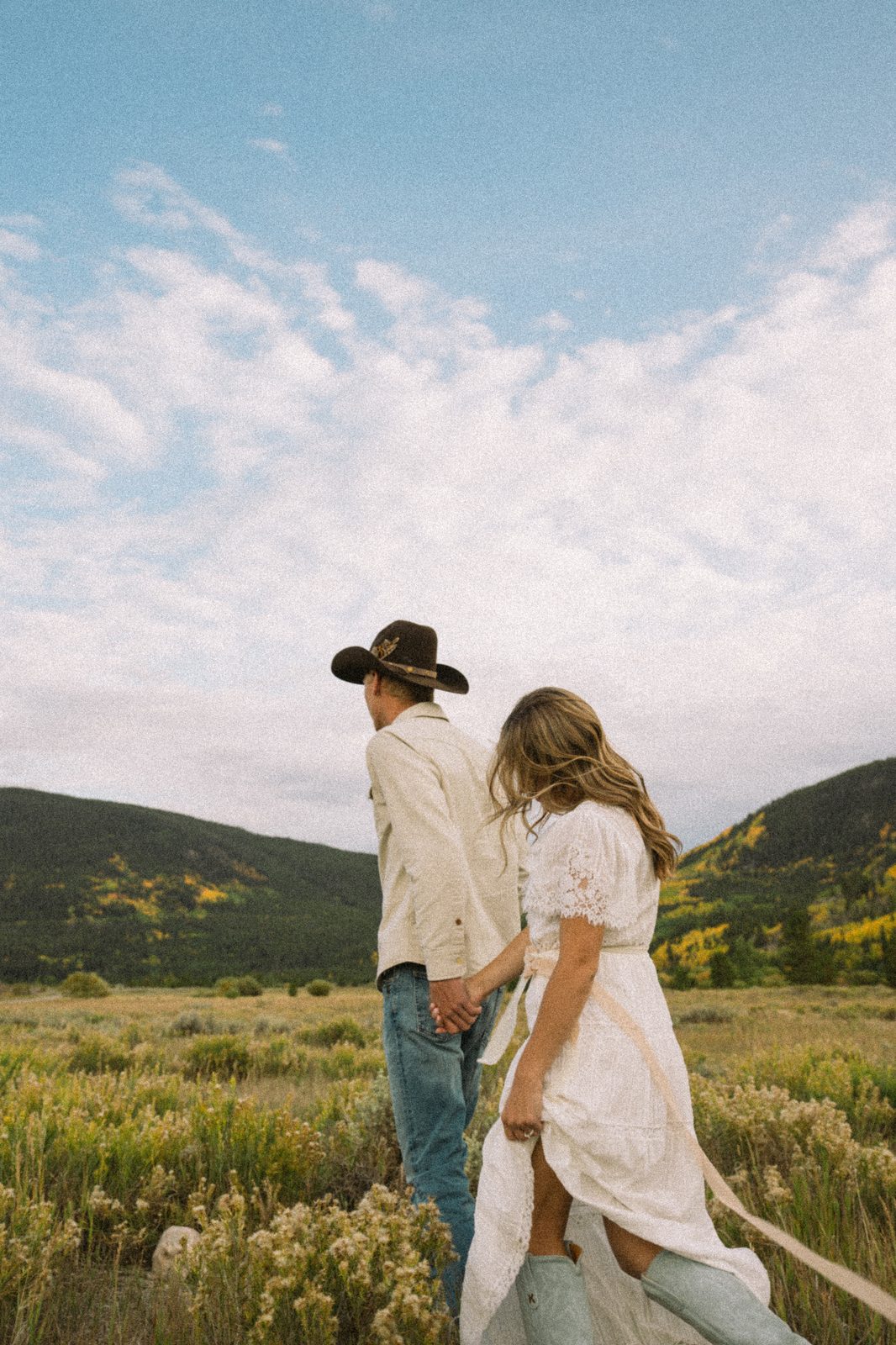 Couple walking hand in hand through a mountain meadow