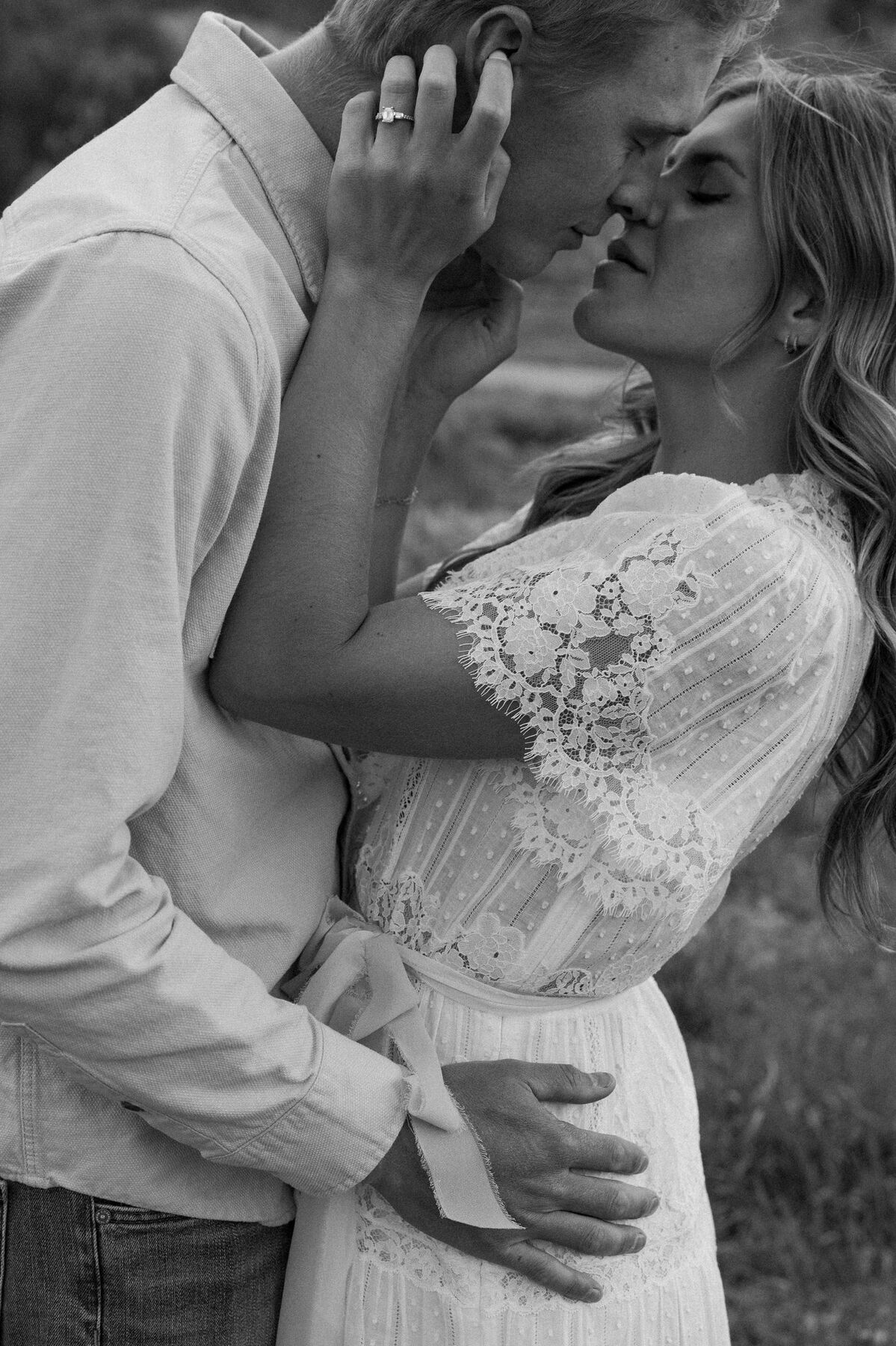 An embrace and a kiss, black and white film